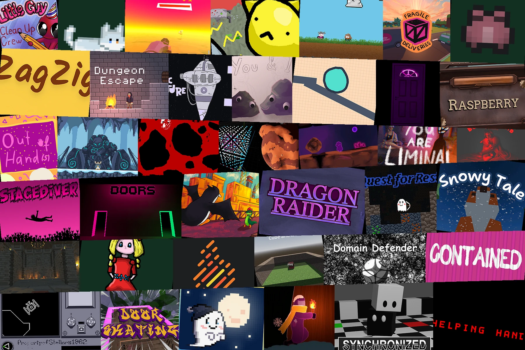 Collage aus 39 Spiele-Thumbnails der ersten sechs AK Gaming Game Jams